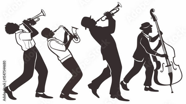 Obraz Jazz band silhouette playing live music performance with trumpet saxophone and double bass