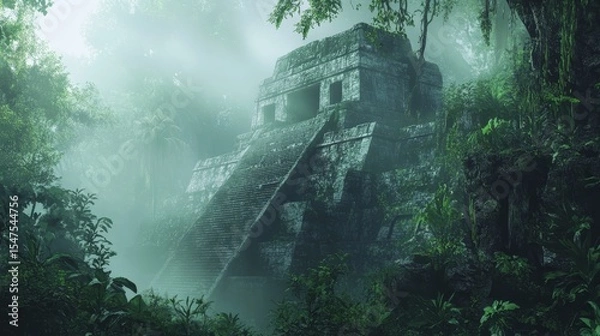 Fototapeta Ancient pyramid structure surrounded by dense jungle vegetation in a misty environment.