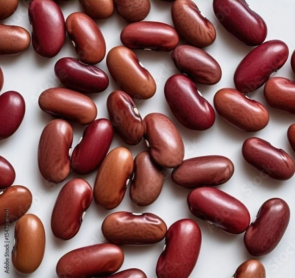 Fototapeta A close up of many kidney beans scattered on a white surface with natural light and soft shadows