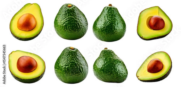 Fototapeta Fresh Avocado Display with Halves and Whole Fruits on White Background, Isolated on Transparent, white background