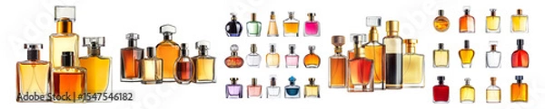 Fototapeta Assorted Glass Bottles with Colorful Liquid for Beauty and Fragrance, Isolated on Transparent, white background