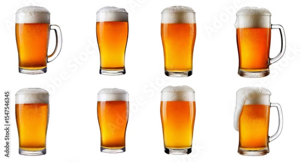 Fototapeta Variety of Beer Glasses with Foam and Different Levels of Fill, Isolated on Transparent, white background