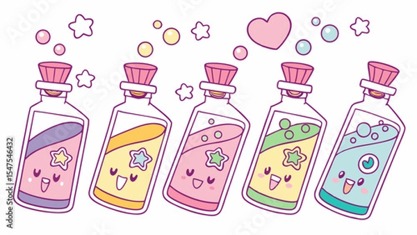 Obraz Cute cartoon magic potion bottles vector illustration set Kawaii fantasy game assets for kids children and graphic design