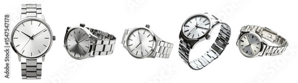 Fototapeta Elegant Silver Watches Displayed in Various Angles on White Background, Isolated on Transparent, white background