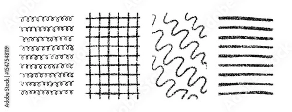 Fototapeta Hand drawn crayon textures vector pattern set. Childish freehand scribble and shapes background. Collection of design elements lines, waves, grid and spirals