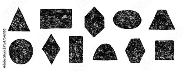 Fototapeta Crayon hand drawn black geometric shapes set. Pencil or charcoal texture. Circle, square, triangle and rectangle. Vector texture illustration