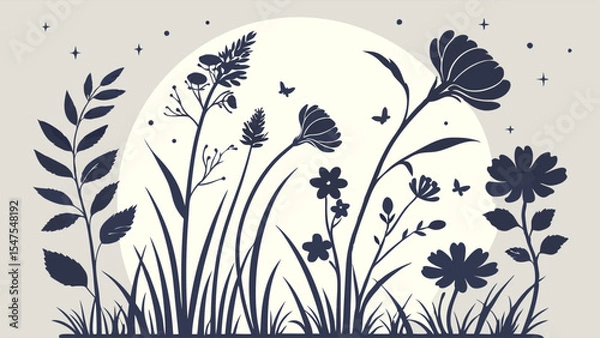 Obraz Wildflower meadow grass silhouette with sun or moon and butterflies nature background graphic design