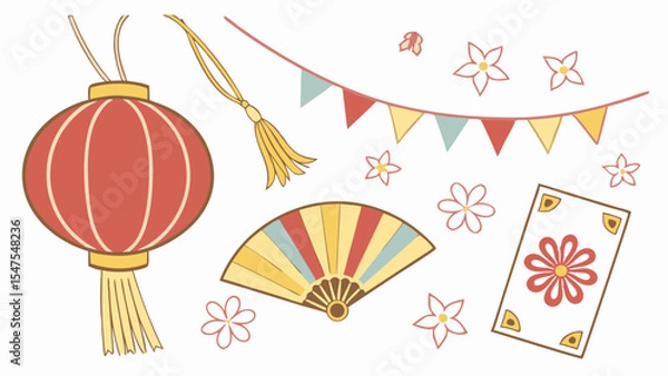 Obraz Traditional Asian festival decoration elements set red lantern folding fan bunting flags flowers card tassel isolated on white background.