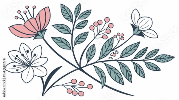 Obraz Simple vector floral illustration. Hand drawn botanical design element with flowers, leaves, berries. Nature art.