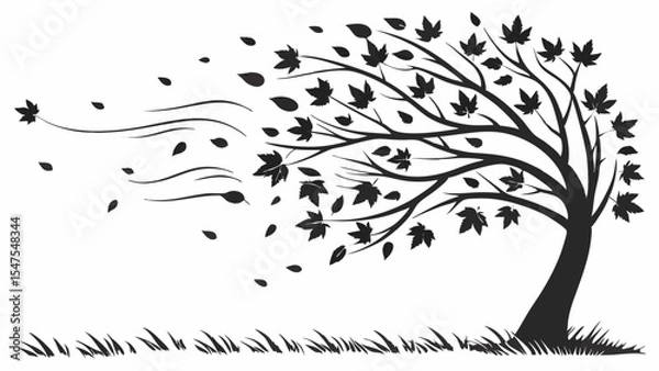 Obraz Autumn Fall Tree Silhouette with Leaves Blowing in Strong Wind Nature Graphic Weather