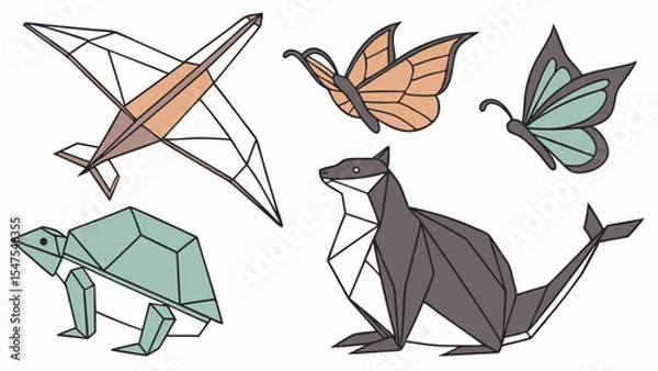 Obraz Cute Geometric Origami Animals Set Butterfly Turtle Seal Airplane Paper Illustration