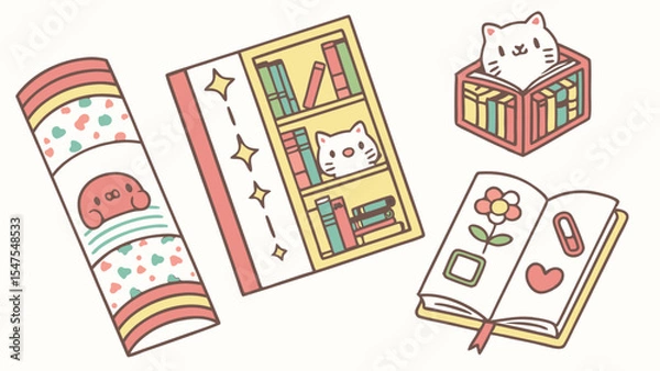 Obraz Adorable pastel illustration books bookshelf cute cats journal Simple kawaii style drawing reading education hobbies
