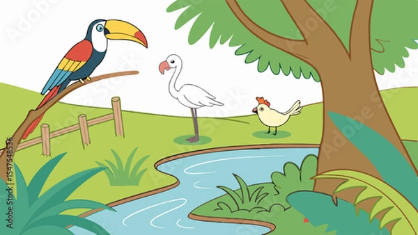 Obraz Wildlife Scene with Tropical Birds Toucan Flamingo and Small Bird