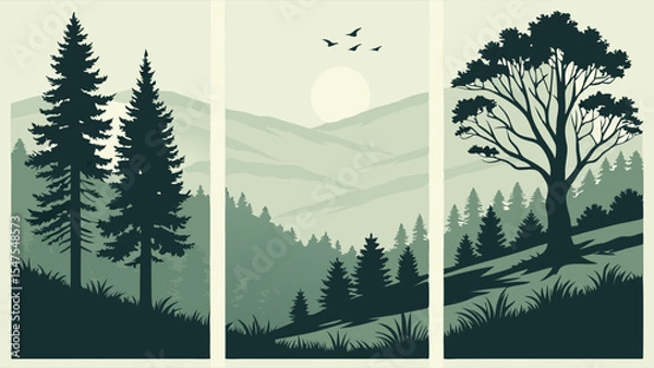 Obraz Nature landscape forest trees hills sun birds minimalist vector flat illustration set vertical panels outdoor scenic background graphic