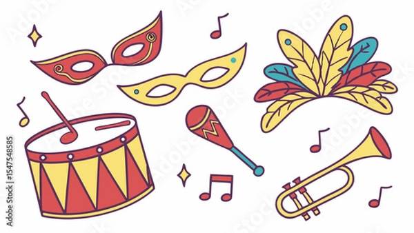 Obraz Carnival party music instruments masks flat vector illustration set. Festive celebration event elements.