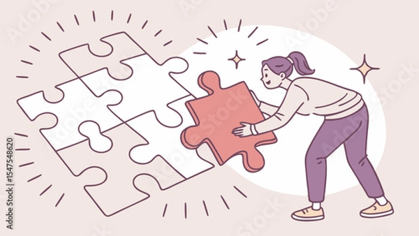 Obraz Business problem solving concept woman completing jigsaw puzzle illustration