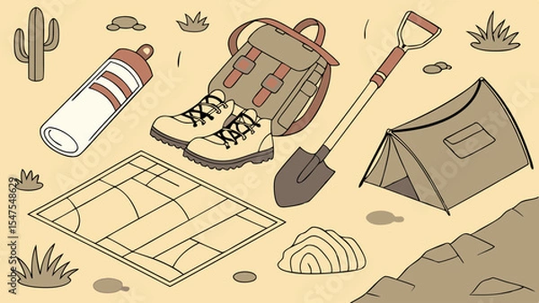 Obraz Essential Hiking Camping and Adventure Gear Kit with Backpack Boots Tent Map and Shovel for Desert Exploration Illustration