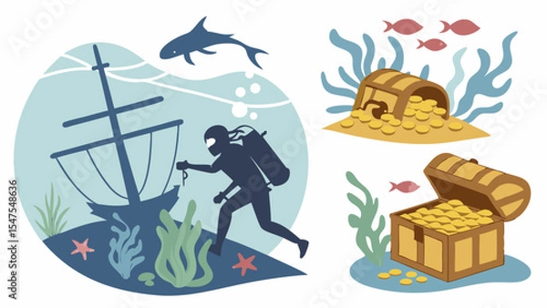 Obraz Scuba Diver Exploring Shipwreck and Finding Underwater Treasure Chests with Gold Coins Cartoon Vector