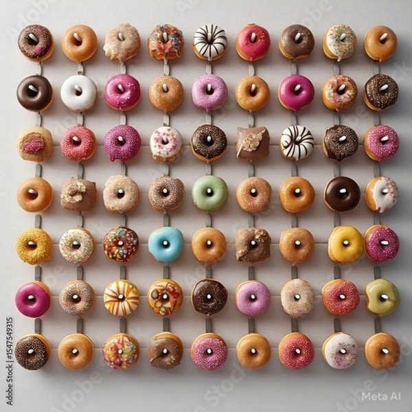 Fototapeta Arrangement of assorted donuts on metal rods creating a grid pattern against a neutral background