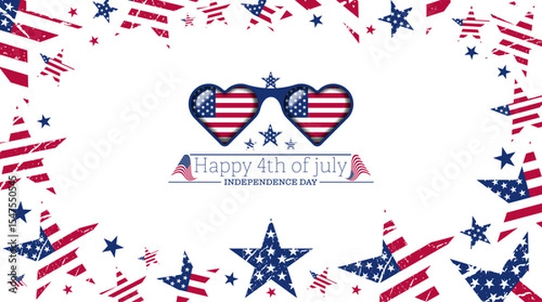 Fototapeta Abstract 3d usa flag frame, heart shape glasses with american flag, independence day text vector illustration. Usa freedom flag glasses to use for 4th july independence day, memorial day projects. 