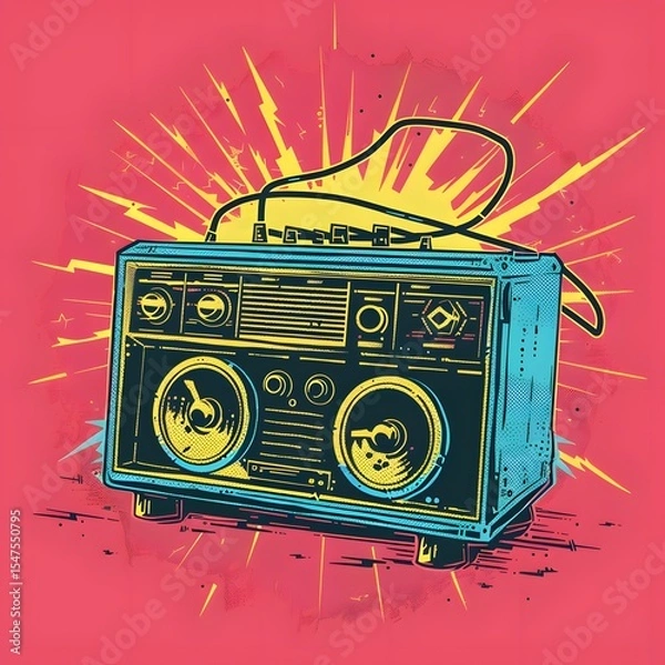 Obraz Vintage Illustration of Retro Boom Box Portable Stereo Speaker with Large Dual Speakers and Cassette Player on Bright Pink Background with Dynamic Lighting