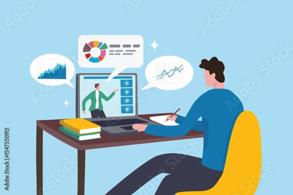 Obraz Online study learning course or internet education webinar, remote e-learning, teaching online or exam, test, knowledge wisdom concept, young man study online course on computer laptop at home.