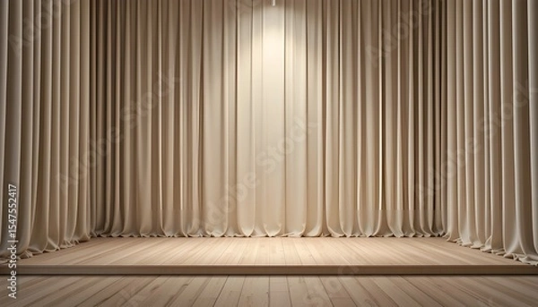Fototapeta Minimalist empty stage, soft beige curtain, clean wooden floor, single spotlight, elegant and timeless classic setup