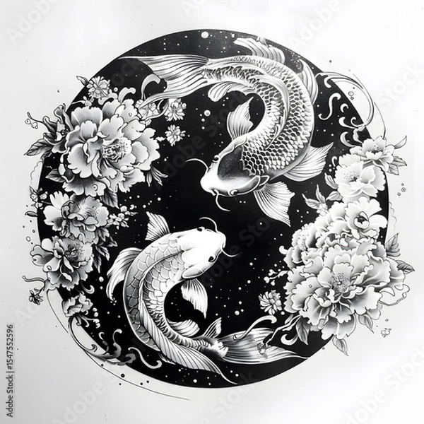 Obraz Traditional Asian style black and white ink art depicting two koi fish swimming in a circular motion surrounded by blooming peonies and decorative waves