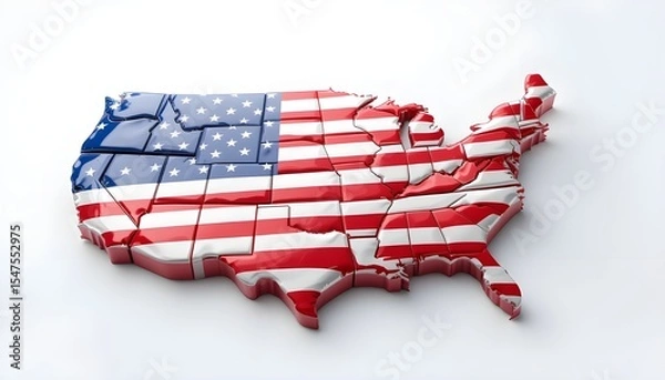 Fototapeta 3D USA map with glossy American flag overlay, isolated white background