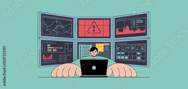 Fototapeta soc analyst monitoring multiple screens with security alerts and data graphs, vector illustration for security operations center, threat detection and cybersecurity incident response
