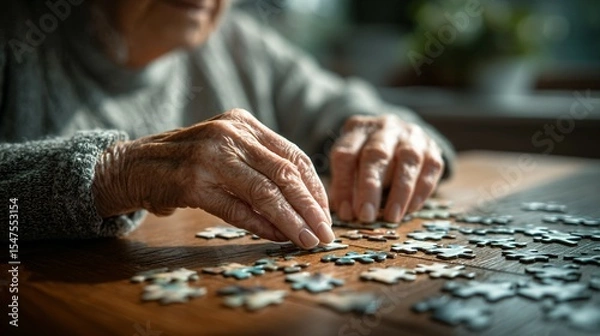 Fototapeta Elderly woman concentrating on solving jigsaw puzzle at wooden table, senior mental exercise and cognitive stimulation for memory care and dementia prevention.