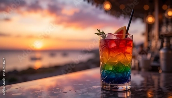 Fototapeta Colorful layered cocktail on bar counter, sunset sky in background, bokeh lights,