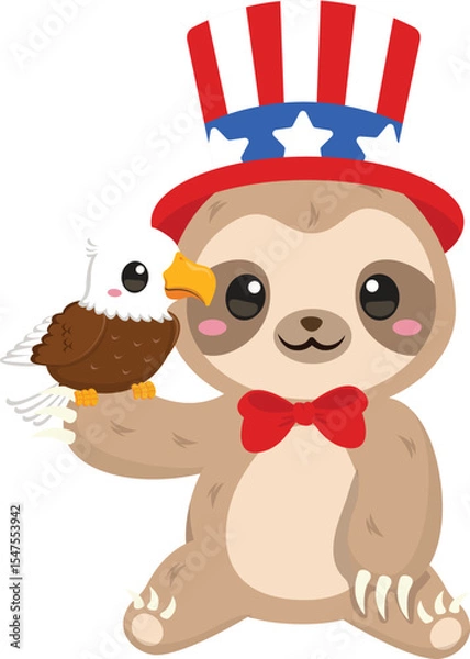 Fototapeta Patriotic Sloth and Eagle Cute American Independence Day Illustration