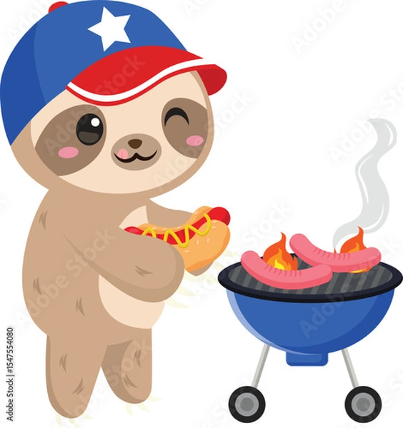 Fototapeta Adorable Sloth Chef Grilling Hot Dogs for the 4th of July BBQ