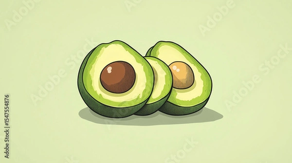 Obraz Illustration of three avocados cut in half on a light green background