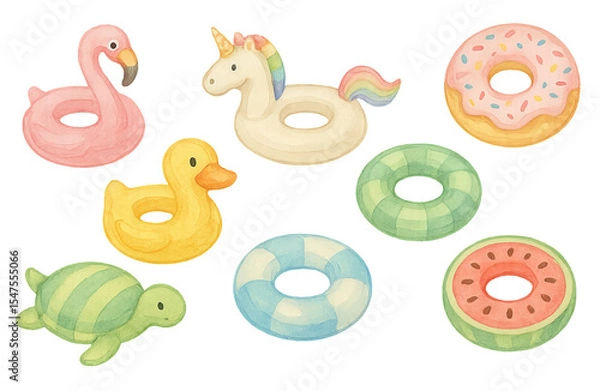 Fototapeta Png set of pastel inflatable pool toys including flamingo, unicorn, donut and more isolated on transparent background. concept of summer fun, water play, kids pool accessories