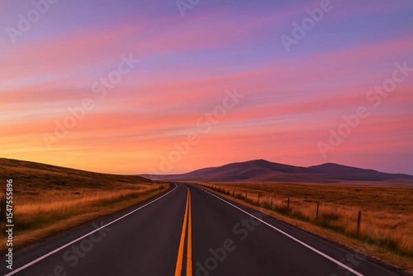 Fototapeta Open road at sunset with colorful sky and distant hills creating peaceful mood