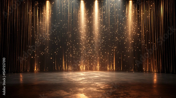 Fototapeta Empty stage with elegant dark curtains and golden glittering lights for festive celebratory events and entertainment presentations