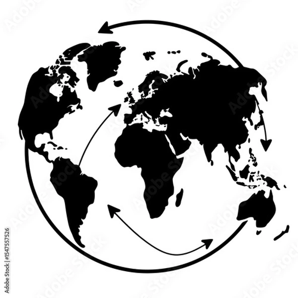 Fototapeta Silhouette of globe with directional arrows on white, global trade flow concept