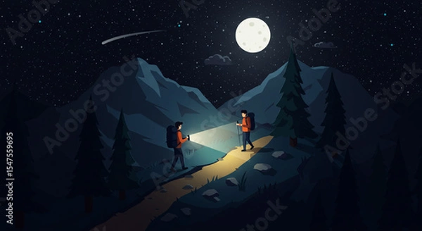 Obraz Night Hiking Scene – Isometric Mountain Trail Under Moonlight