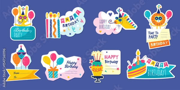 Obraz Birthday stickers. Badges with celebration colored funny elements recent vector designs template
