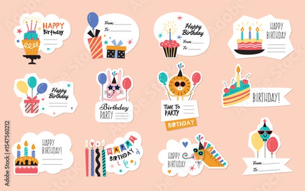 Obraz Paryt badges. Celebration birthday stickers set recent vector templates in flat style