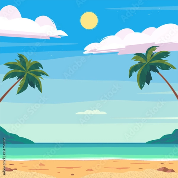 Obraz Tropical beach landscape. Sunny day with clear blue sky, clouds, and a bright sun. Palm trees frame the scene. Can be used as a background for summer, vacation, or travel themes. Vector illustration