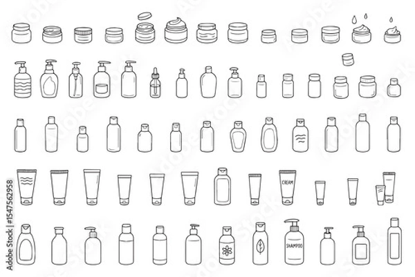 Fototapeta Set of bottles and tubes of cosmetics, jars for skin care. Face, hair and body cream doodles. Vector hand-drawn line illustrations on white background. Vector illustration