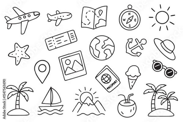 Fototapeta Summer travel vacation drawn icon set. Beach vacation travelling concept isolated on white background. Funny tourism vector illustration. Doodle set of summer icon symbol hand drawn vector illustratio