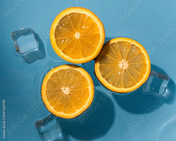 Fototapeta Freshly cut oranges and lemons with juicy slices on a white background, perfect for a healthy citrus juice