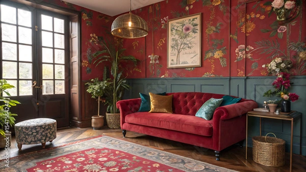 Fototapeta A luxurious living room interior boasts a comfortable red sofa, classic furniture, and a cozy fireplace, creating a warm and inviting home design