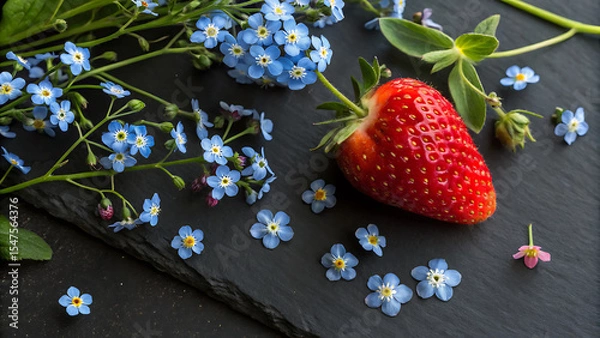 Fototapeta Fresh, ripe red strawberries and vibrant flowers arranged on a rustic wooden table create a delicious and healthy summer dessert
