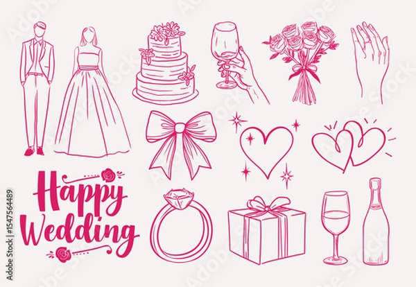 Fototapeta Elegant wedding celebration icons, isolated vector set