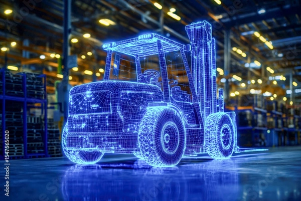 Fototapeta Digital hologram of a forklift in a warehouse storage facility